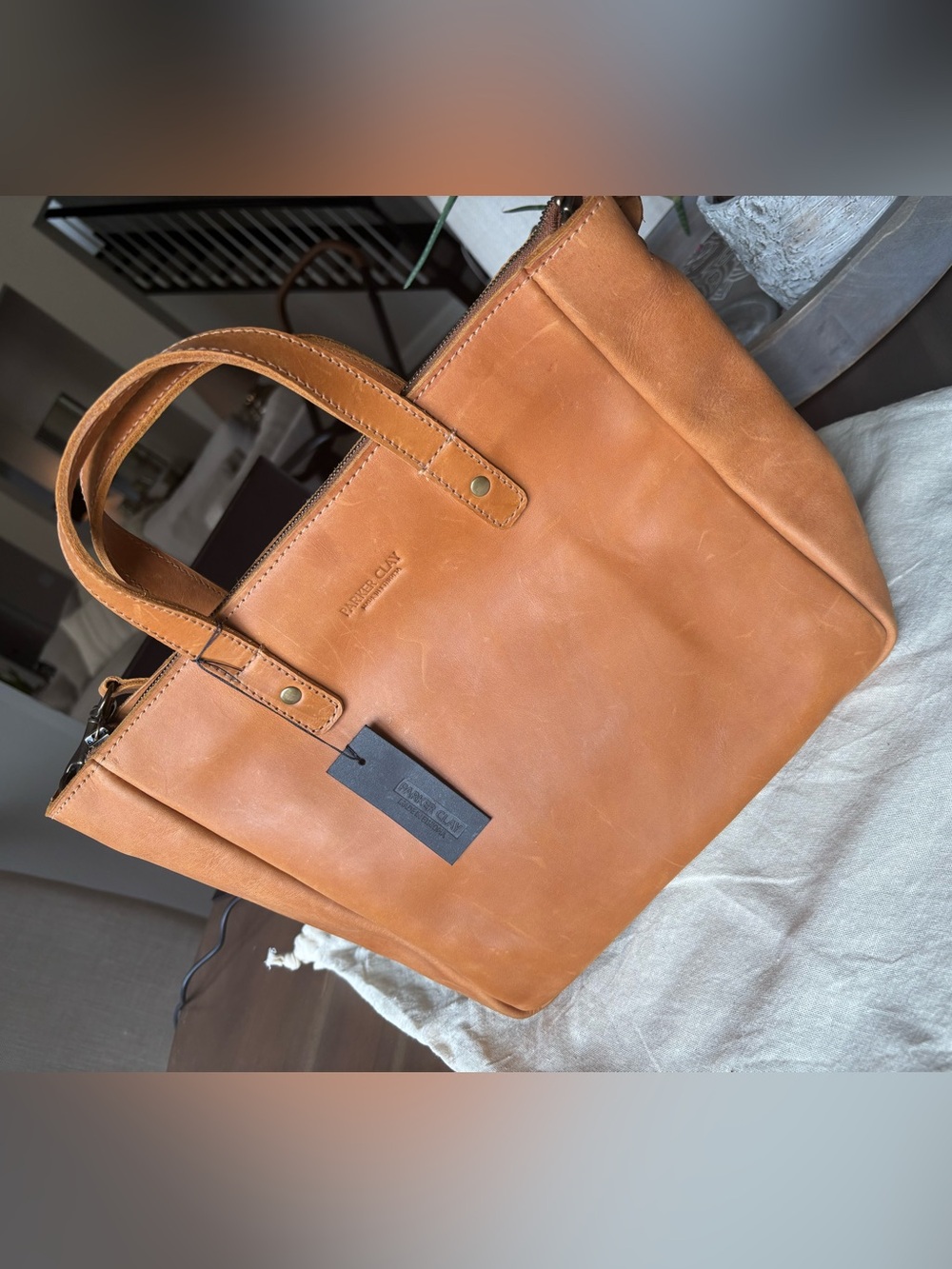 Handcrafted Leather Messenger Tote in Cognac Tan